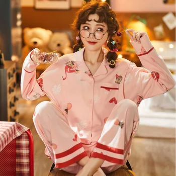 Pijamas de algodão de Atender de Pijama cor-de-Rosa de Impressão Mulheres Sono Conjunto de Camisola 2PCS de Pijamas, Pijamas de Verão Solto Casa, Roupas Camisa&Calças