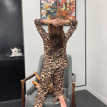 Primavera Leopard Impressão De Pijamas Para Mulheres De Mangas Compridas Nobreza Casa Vestir Pijamas De Cetim Loungewear Casa, Roupa De Duas Peças De Conjunto Pj 3
