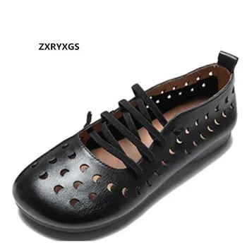 Promoção 2021 Nova Moda Respirável Buraco Hollow Integral Em Calçados De Couro Genuíno Sandálias Das Mulheres Macio E Confortável De Sapatos Casuais Flats