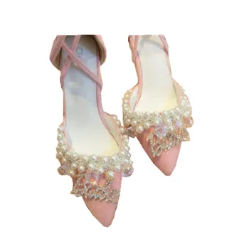 Pó apontado superficial boca de salto alto sandálias orlado de franjas Romano sapatos doce e linda pérola Victoria Kawaii cos Lolita