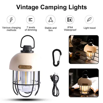 Retro Lâmpada de Acampamento de Carregamento USB Tenda Lanterna Lanterna de LED Impermeável Luz de Trabalho Portátil Viagem Lanterna de Jardim Quintal Hanging Lamp