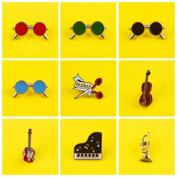 Retro Óculos Redondos Esmalte Pins, Emblemas Em Roupas Jeans Violino, Guitarra, Piano Broche Pin de Lapela o Emblema Jóias Presentes para Amigos