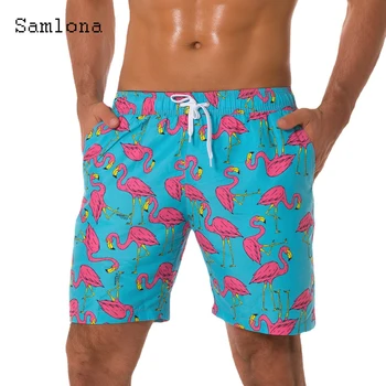 Samlona Plus size Homens de Lazer Flamingo Impressão Shorts 2022 Verão Sexy Novo Bolsos Cordão Shorts Masculino de Praia Casual Calças Curtas
