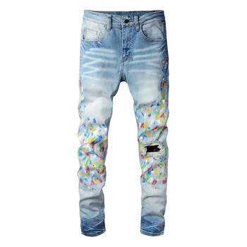 Streetwear Dos Homens De Moda Jeans De Alta Qualidade Retro Luz Azul Elástica Ripped Jeans Homens Espirrou Designer De Hip Hop De Jeans Buraco Calças