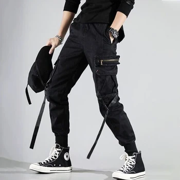 Streetwear Preto Calças Cargo Moda masculina Corredores de Moletom Japonês Solto e Casual Tornozelo comprimento de Calças