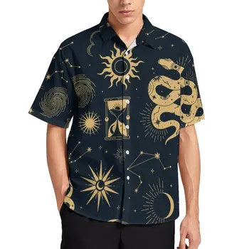 Tarot Camisa de Impressão Homens do Sol e da Lua Camisas Casuais Havaí Padrão de Blusas de Manga Curta Retro Oversized Presente de Aniversário