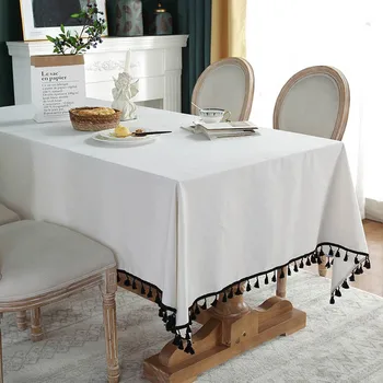 Toalha de mesa branco com Preto Borlas de Móveis Cobertura à prova de Poeira para Simples Casa de Festa Mesa de Jantar Cobertura de Decoração de mantel de mesa