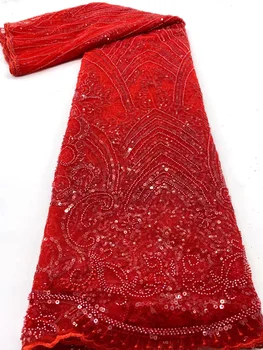 Vermelho Africano Tecido de Renda 2021 de Alta Qualidade, feito a mão Frisada Lace Nigeriano, Tule Tecido do Laço de Costura, Renda francesa Tecido NXH5067