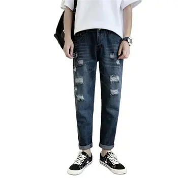 Verão 2022 Moda masculina da Nova Mendigo Rasgado Buraco de Tornozelo Comprimento de Calças coreano Solta Reta Harém calças de Brim Bonito Selvagem Calças dos Homens