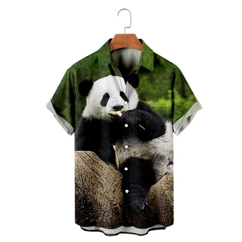 Verão Panda Impresso Camisa De Hombre Camisas Havaianas Casual Street Style Manga Curta Viagem De Praia, Tops