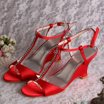 Wedopus T-bar Vermelho Festa de Casamento Sandálias Salto Cunha Mulheres de Cristal de Verão de Sapatos para Noiva