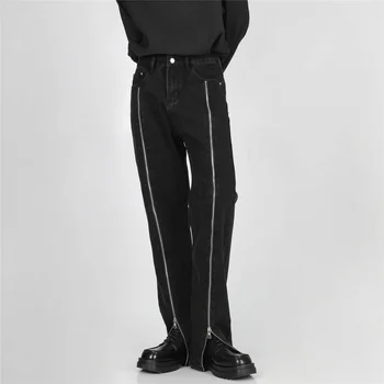 Yoji Yamamoto, nicho de design com zíper, limpar, straight-leg jeans, levemente cozidos, escuro, calças de abstinência
