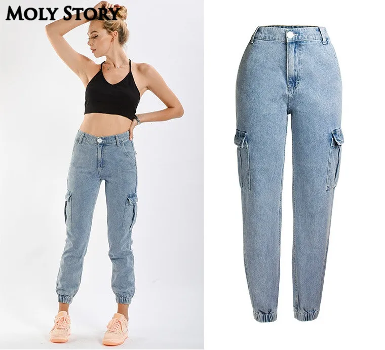 Casual Namorado Jeans para Mulheres Desporto Harém Calças Soltas de Cintura Alta Carga de Jeans Plus Size Calças Jeans