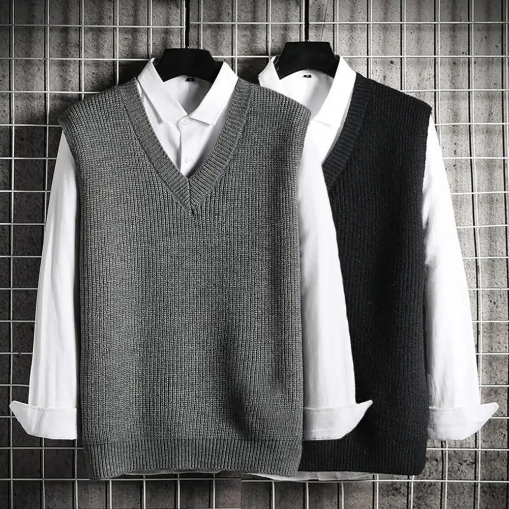 Homens Vest Camisola Sem Mangas, Cor Sólida Elástico Malha Manter Aquecido Decote Em V Estilo Coreano Outono Veste Camisola Homens Vestuário