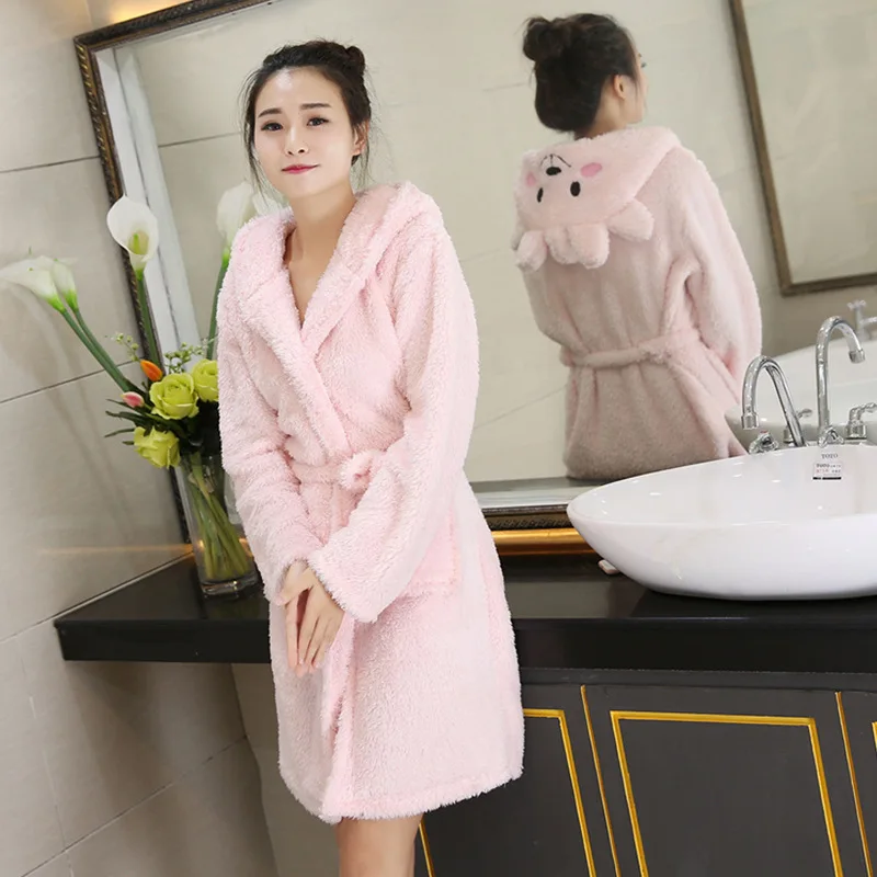 H5695 Mulheres Quentes Robe Feminino De Inverno Coreano Cartoon De Flanela Com Capuz Roupão De Banho Senhora Além De Veludo Engrossado Casa, Roupas, Pijamas 0