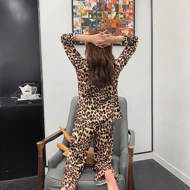 Primavera Leopard Impressão De Pijamas Para Mulheres De Mangas Compridas Nobreza Casa Vestir Pijamas De Cetim Loungewear Casa, Roupa De Duas Peças De Conjunto Pj 3