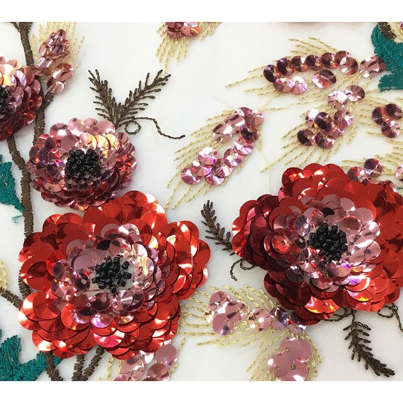 5yards 3D flores de lantejoulas com miçangas em bege malha bordado laço de tecido Africano francês de Casamento do Laço Vestido de Noiva Vestido de tecido