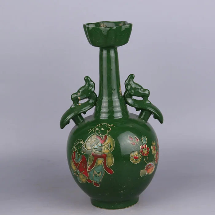 Antigo QingDynasty vaso de porcelana,Esmalte Verde Cor de Casal Ouvidos garrafa,pintados à Mão, artesanato,Decoração,Coleção&Adorno