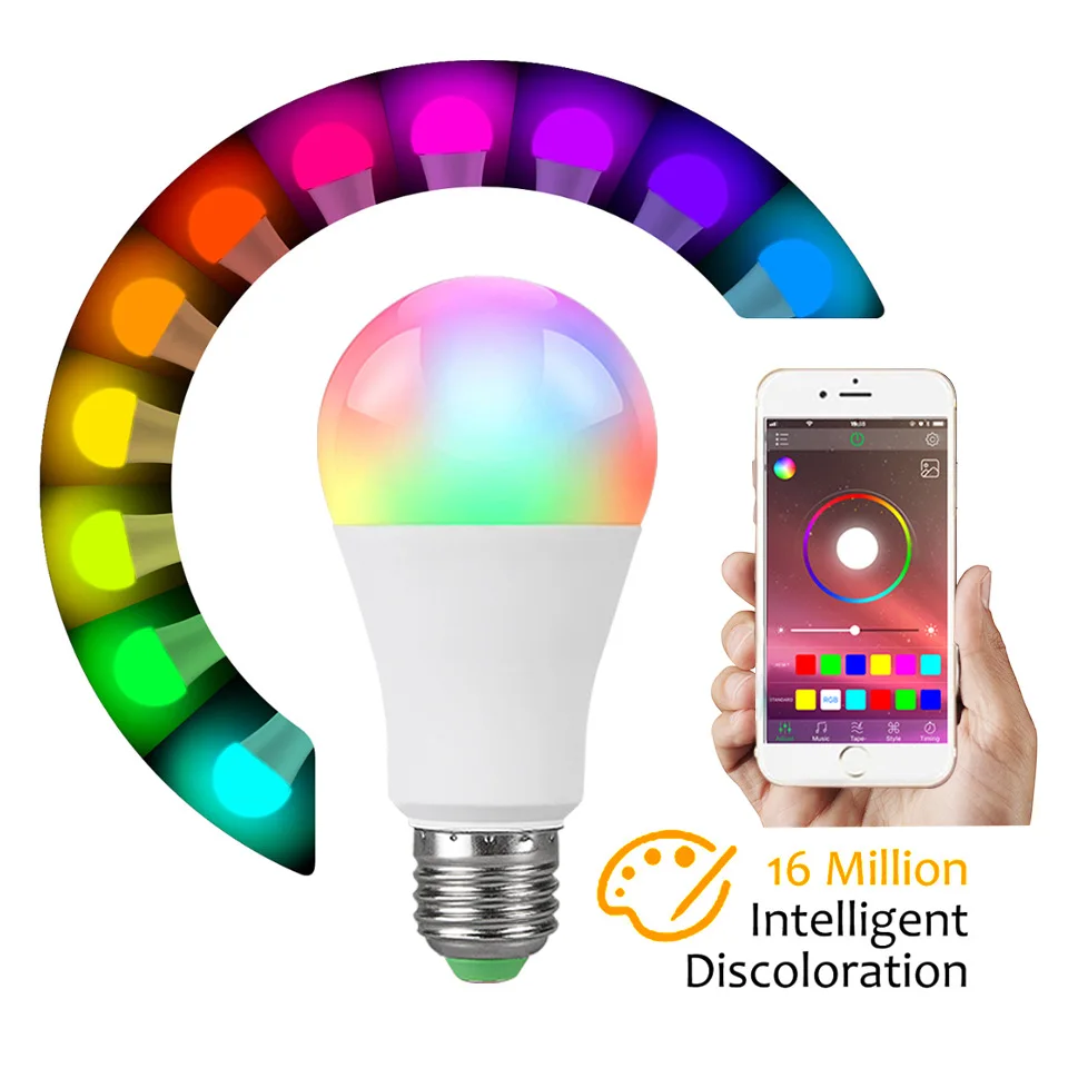 Inteligente Bluetooth malha bulbo voz, música RGBW colorido mudança de cor LED bulbo lâmpada 15W grupo de controle de iluminação
