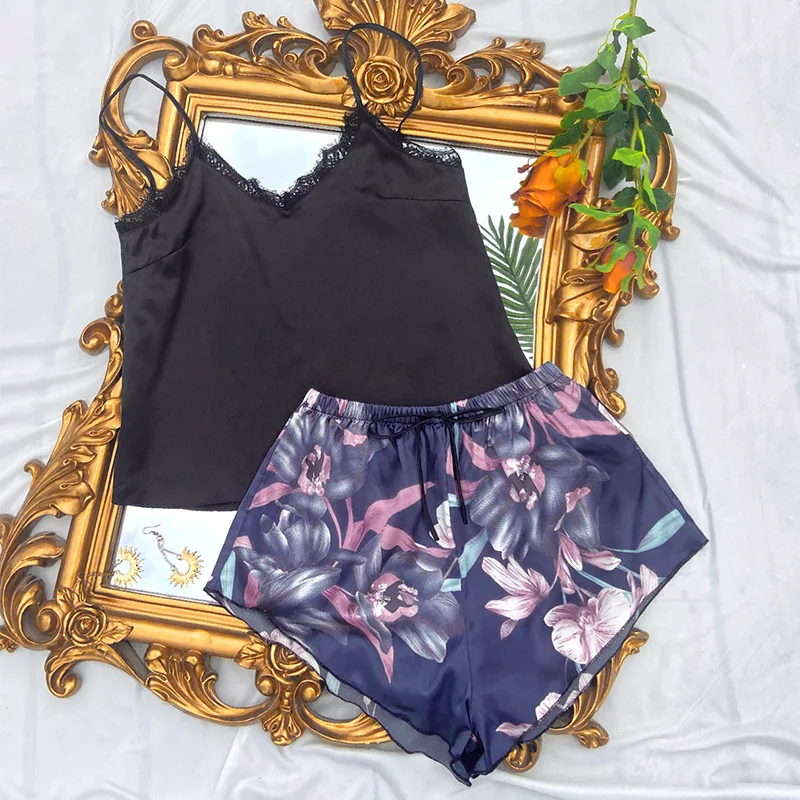 Sexy Suspender Correia&Shorts Para As Mulheres De Verão Fina Pijama Terno De V-Pescoço Para Casa Roupas De Impressão Flor Pijamas Rendas Na Lingerie 0