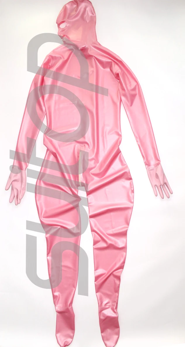 Nova cobertura Completa do corpo latex catsuit de borracha zentai com 3 fechos de correr luvas, meias e capuzes attahced na Metalizado cor-de-rosa