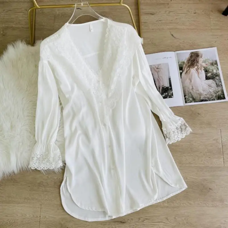 As Mulheres De Branco De Veludo Nigtgown Renda Dormir Vestido De Guarnição Do Laço De Pijamas Femininos De Veludo Nightdress Casual, Roupa De Casa Vestido 0
