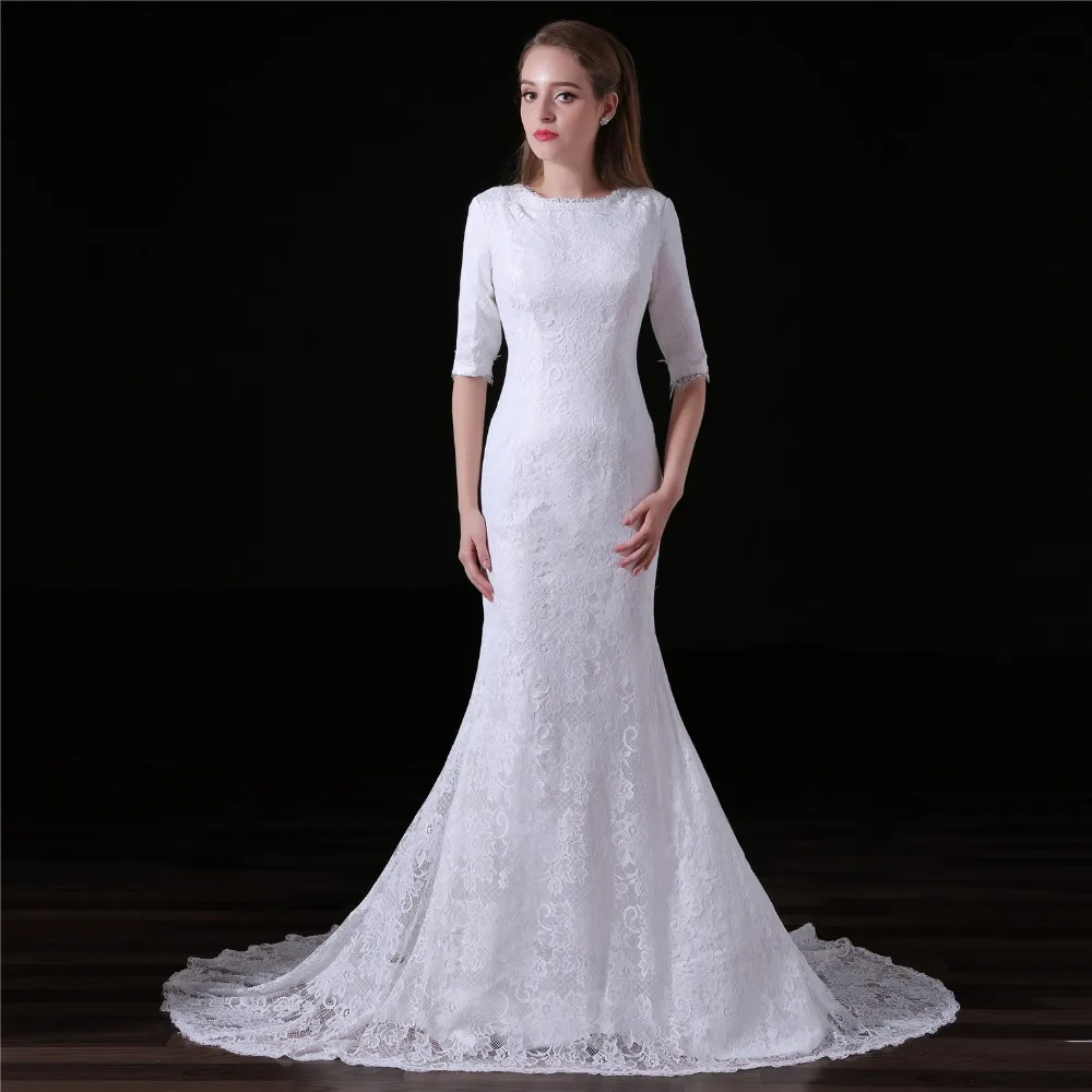 JaneVini Metade Mangas Laço Elegante Vestido para Festa de Casamento Branco Sereia Noiva Vestido de Dama de honra Vestidos Longos Formal Trem da Varredura