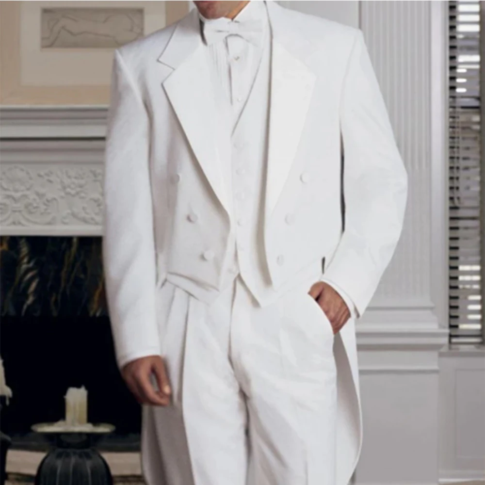 Homens brancos Casaco de Cauda com um Double Breasted 3pcs Casamento Smoking para o Noivo um Homem da Moda de Trajes Jaqueta Colete Calças Única Divisão Garfo