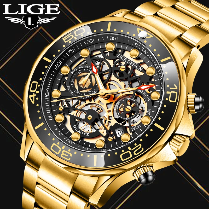 2022 Novo Gold Mens Relógios De Marca Top De Luxo De Quartzo Do Aço Inoxidável Relógios Para Homens De Esportes Impermeável Relógios Relógio Masculino Caixa