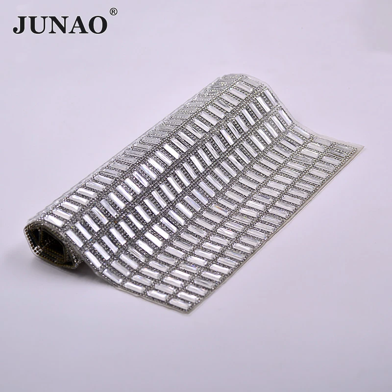 JUNAO 5*15mm de Correcção de Vidro transparente Strass Malha de Caimento Tecido de Cristal Apliques de Ferro Em Strass Faixa de DIY Sapatos