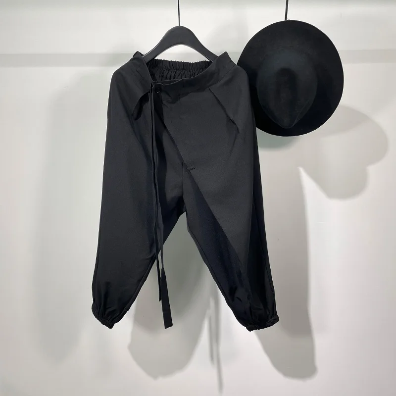 Verão maré homens de preto escuro designer irregular inclinação solta Capris original estadia vento Japonês simples Harlem calças 1