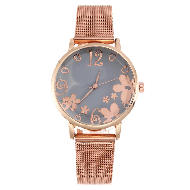 Moda Rodada de Quartzo Padrão de Flor de Marcação Casual Relógios de aço Inoxidável Líquido Correia Elegante Relógio Impermeável relógio de Pulso para as Mulheres