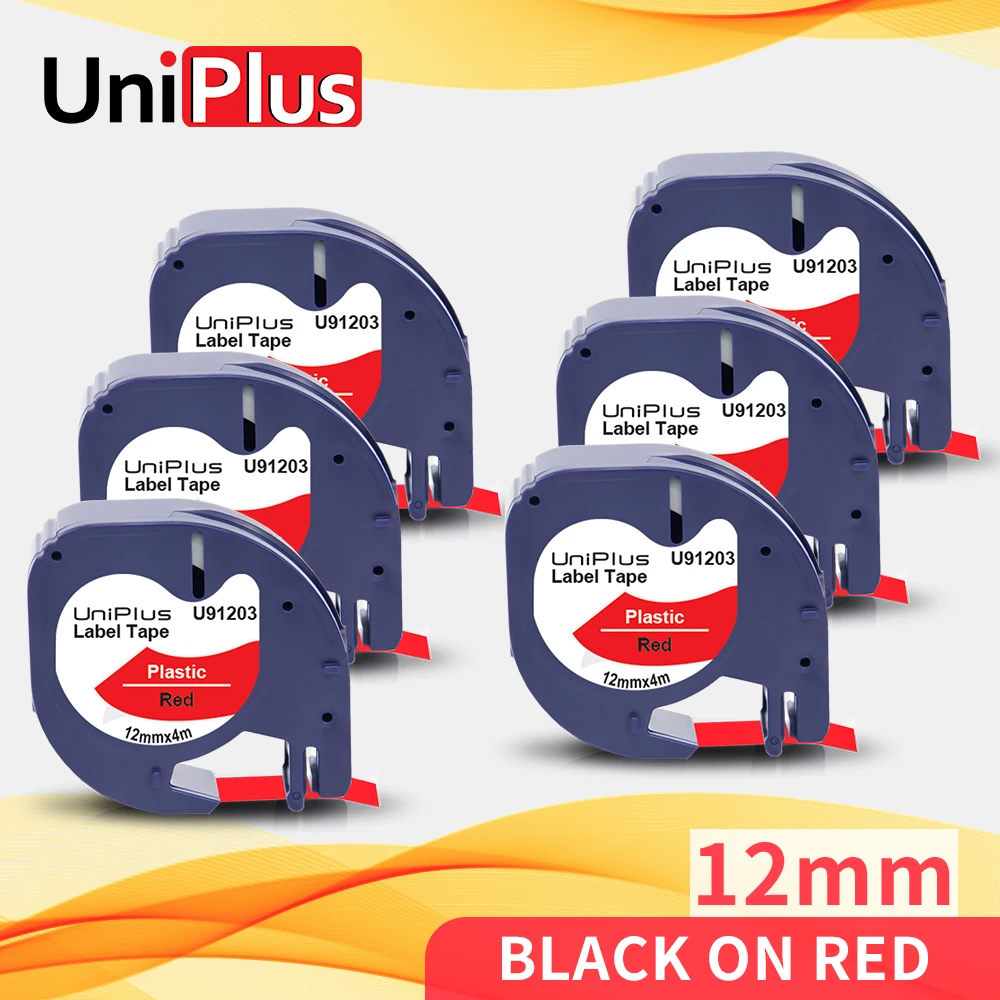 UniPlus 6PK Compatível com Impressora de etiquetas Dymo Letratag Etiqueta de Fita 91203 Preto no Vermelho 12mm para Fita Dymo LT Label Maker 91333 91223