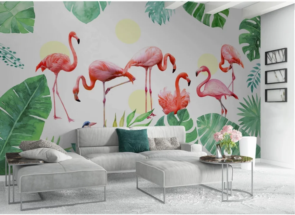 Nordic de plantas tropicais, flamingo plano de fundo do papel de parede mural-profissional, papel de parede personalizado