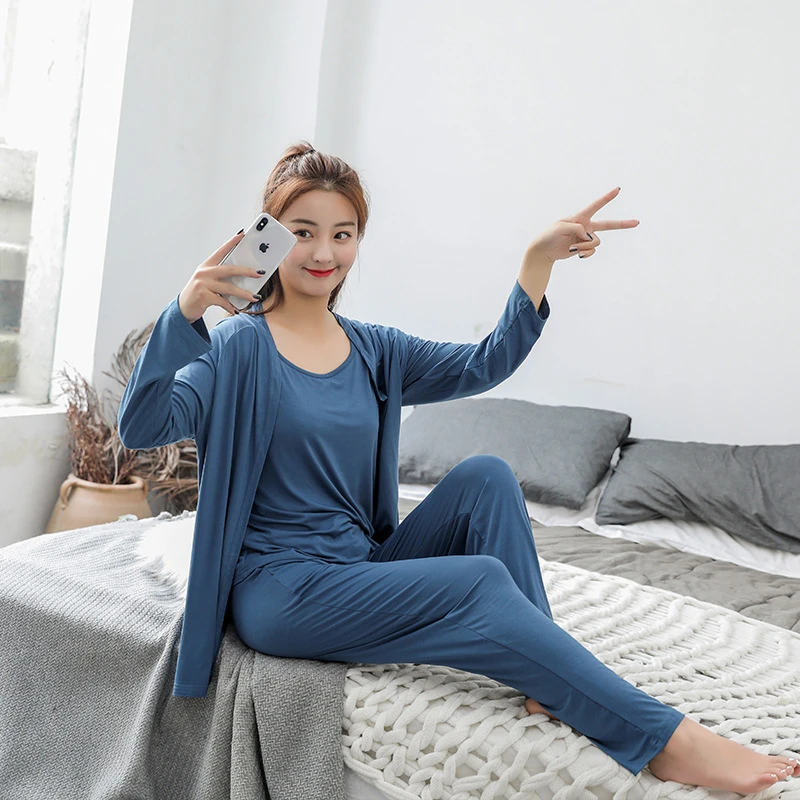 3PC pijama a primavera e o verão coreano pijama modal colete casaquinho de grande perna de calça feminina manga longa solta sexy casa de serviço