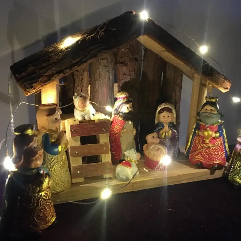 Natal Presépio da Sagrada Família Presépio Conjunto de 10PC Esculpidos, Pintados à Mão, Festival de Festa Decoração de Mesa Com a Luz da corda LED