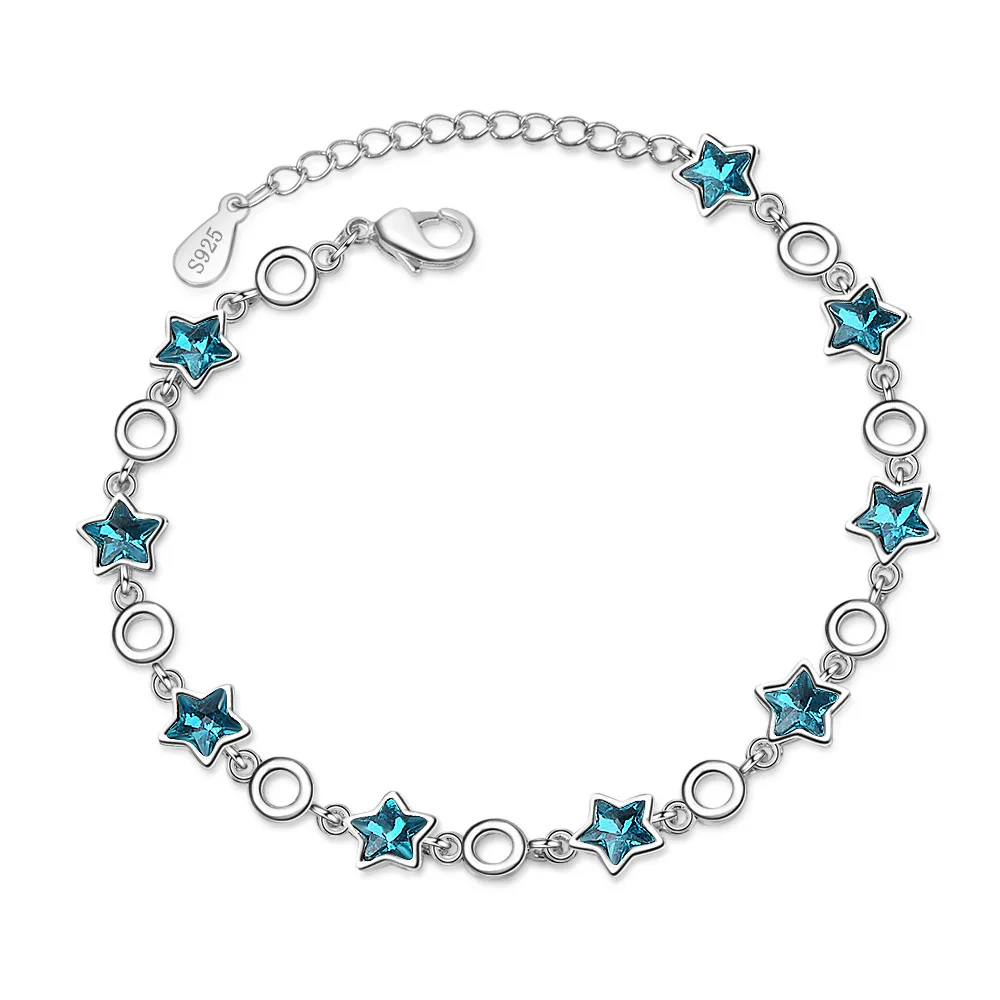 Prata fina de Cor Azul da Jóia Estrelas Artificiais de Cristal da Pulseira para a Mulher Elegante, Doce Encanto INS Acessórios Quentes SB155