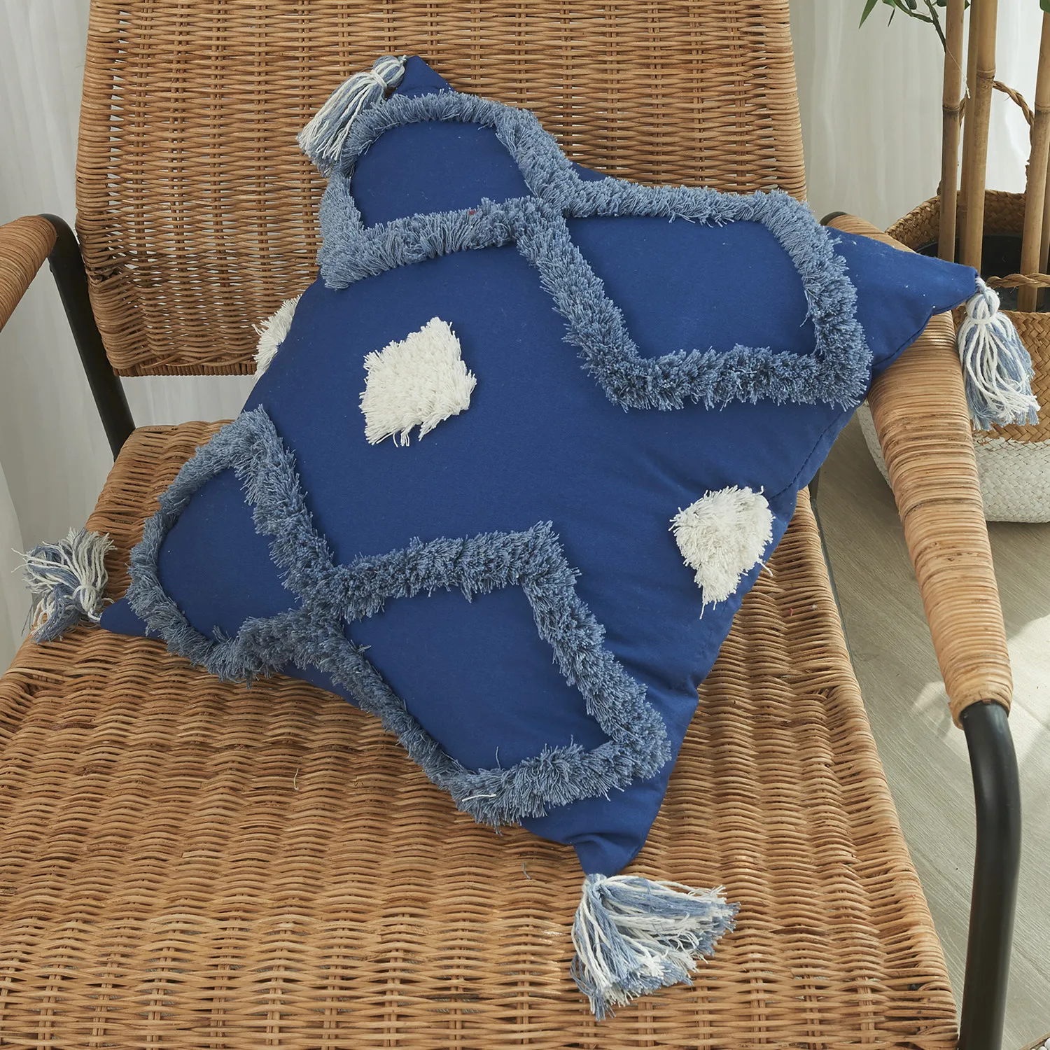 New Nordic Azul Tufting Borlas Fronha De Luxo Geométricas Bordados De Algodão Jogar Travesseiro Caso De Decoração De Casa De Sofá Moderno E Almofada 1