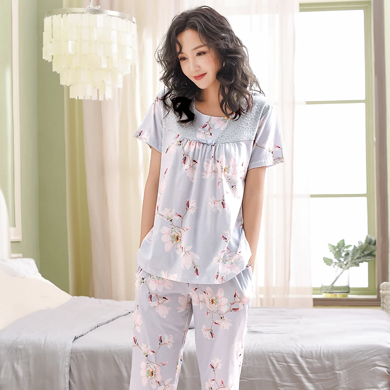 verão cheio de algodão puro pijama conjunto de mulheres flor pequena pijamas casual manga curta, blusas e bezerro comprimento de calças de pijamas feminino