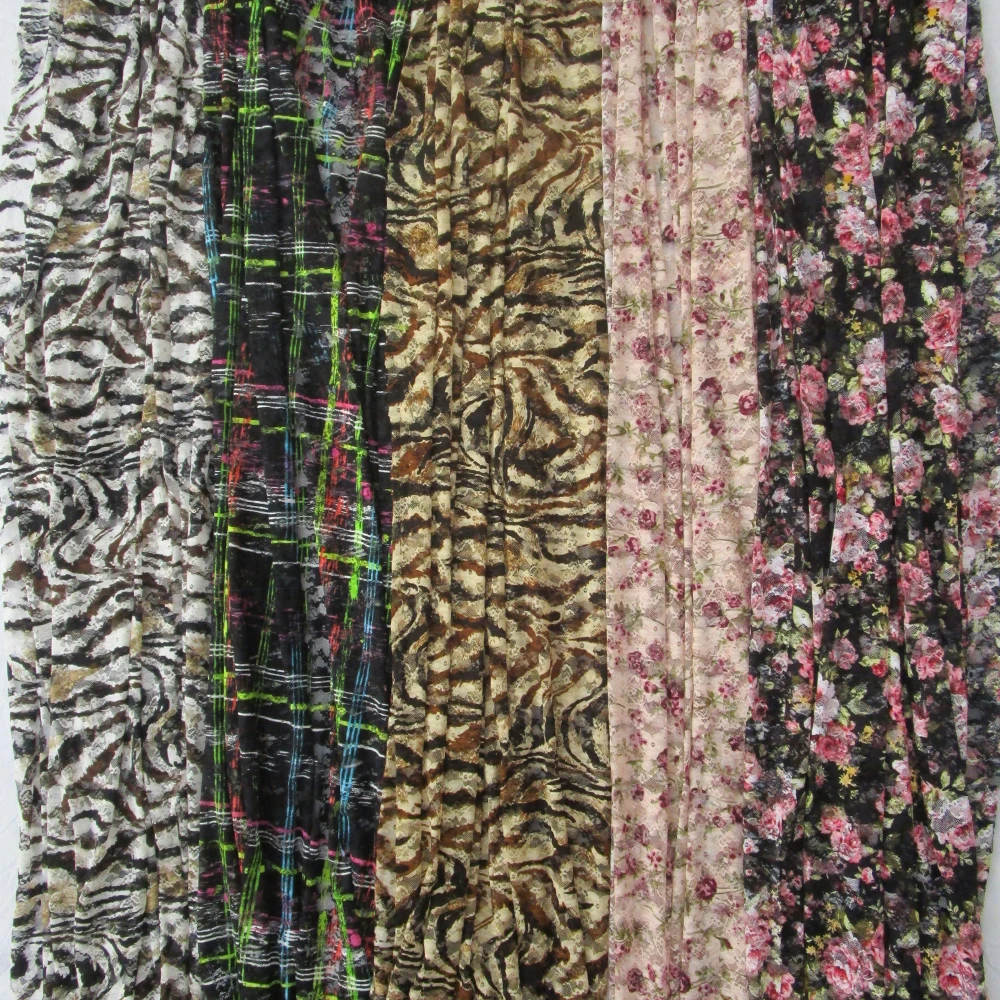160 cm de largura macio tecido do laço de tecido elástico para sexy vestido de pano, Flores de padrão Zebra Rosa Colorido grade impressa tecido elástico