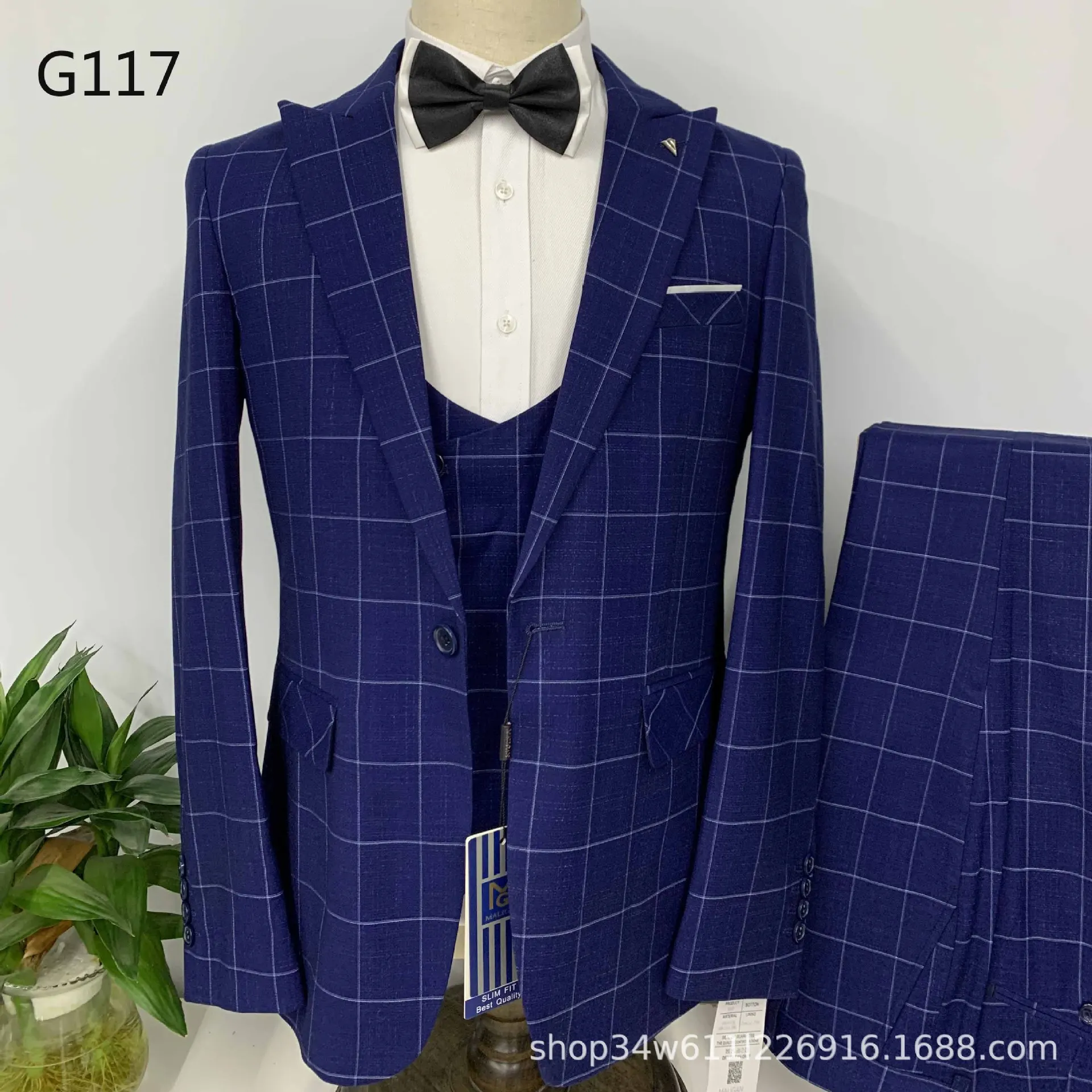 2021 a primavera e o outono azul novo vestido xadrez business casual homens, o terno de três peças de moda slim high-end banquete de homens de terno