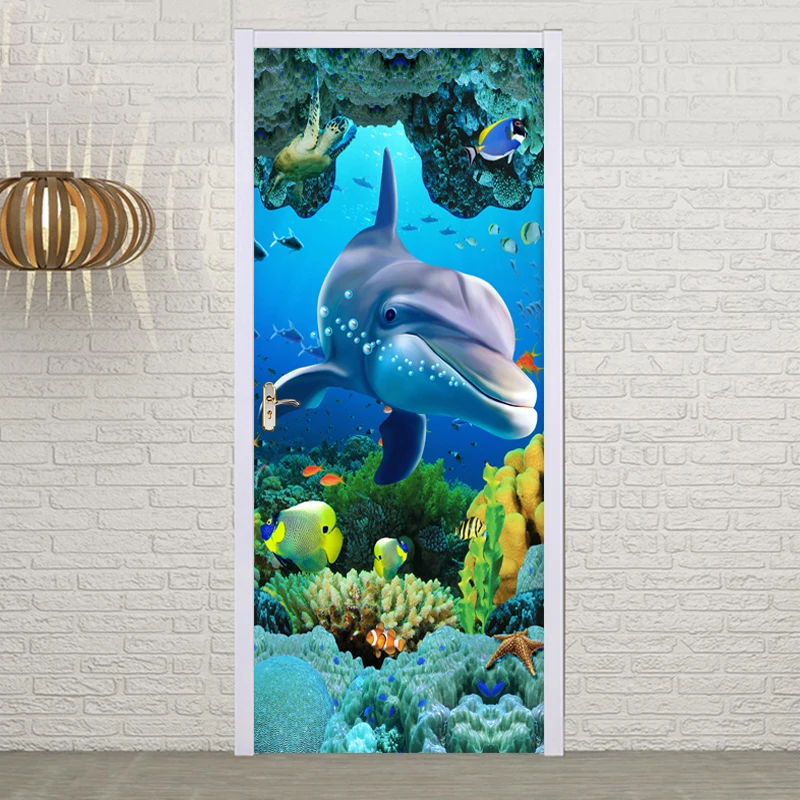 PVC Auto-Adesivo Porta Etiqueta Submarinos Dolphin Mural de papel de Parede de Sala de estar, Quarto de criança Parede Autocolante de Decoração de Casa de Posters 3D