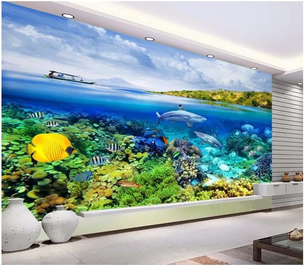 3d papel de parede personalizado com foto Blue sea world de tubarão, coral, decoração de quarto de pintura, imagem 3d murais de parede papel de parede para parede 3 d