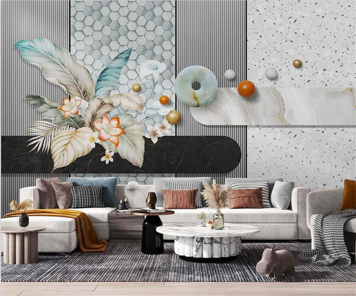 Papel de parede personalizado moda moderna da luz de luxo, pintados à mão, folhas e flores geométricas quarto sala de estar de plano de fundo mural