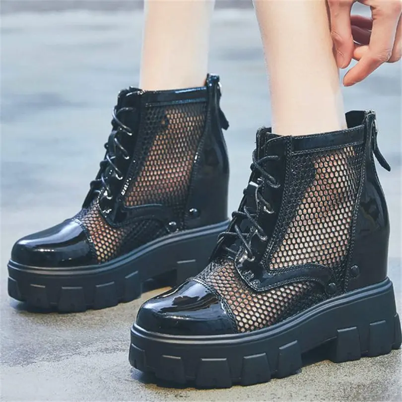 Militar Punk Sandálias das Mulheres de Couro de Vaca Plataforma Cunha Ankle Boots Rodada Toe Fivela Respirável Sapatos Casuais