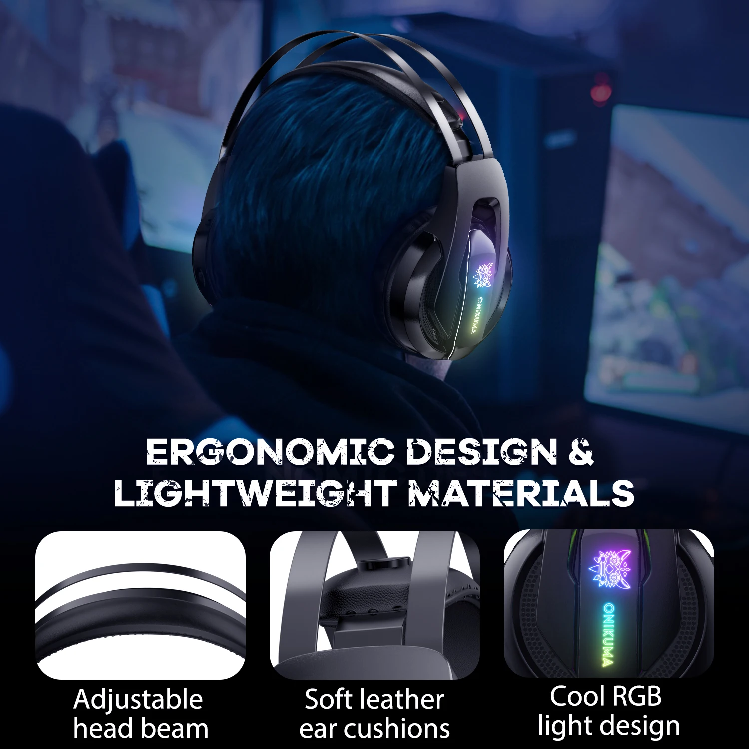 ONIKUMA K16 Fone de ouvido para Jogos de PC, Fones de ouvido Estéreo com Microfone LED Luzes de Fones de ouvido com Fio para PC Gamer PS4 Laptop Tablet Xbox Um 3