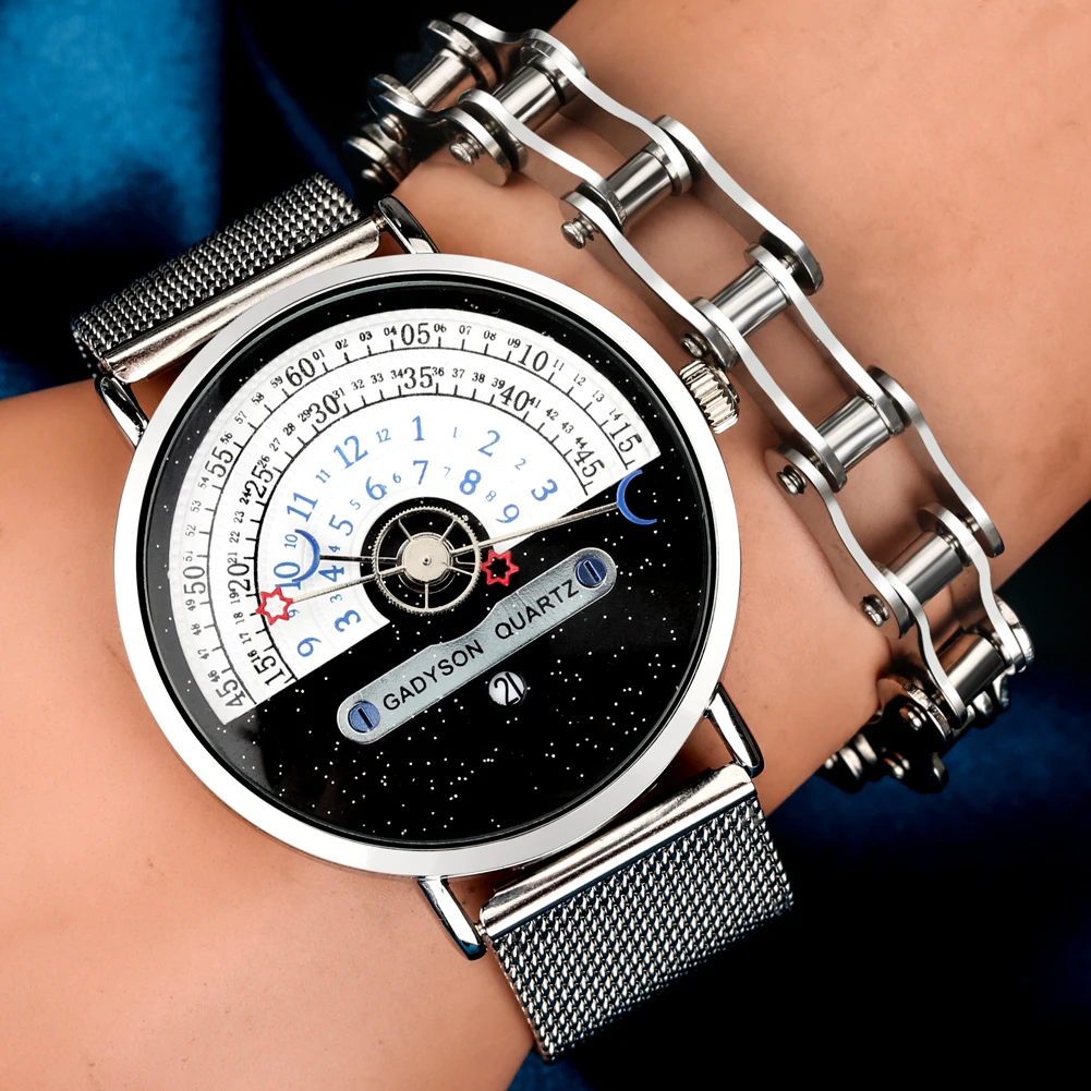 Relógios de moda de Homem de Luxo Calendário Quartz Criativo Estrelas, Lua Mostrador do Relógio de Pulso Relógio de Pulseira Conjunto de Dom para o homem Reloj Hombre