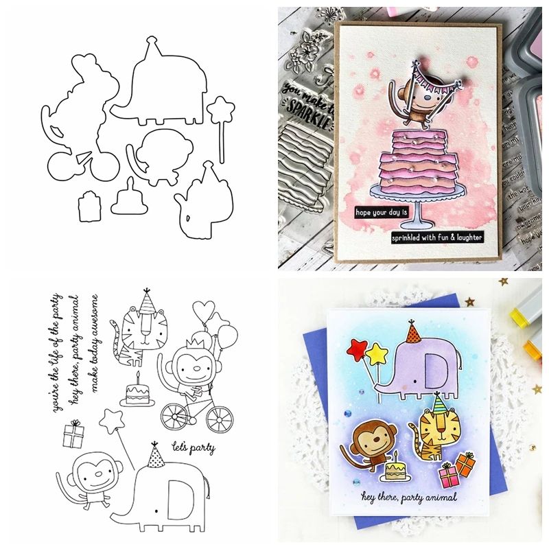 Corte Morre e Claro Carimbos de Macaco, Elefante, Leão de Bicicleta Bolo de Presente de Aniversário de Balão DIY Scrapbooking Artesanal Cartões de 2021 Novo