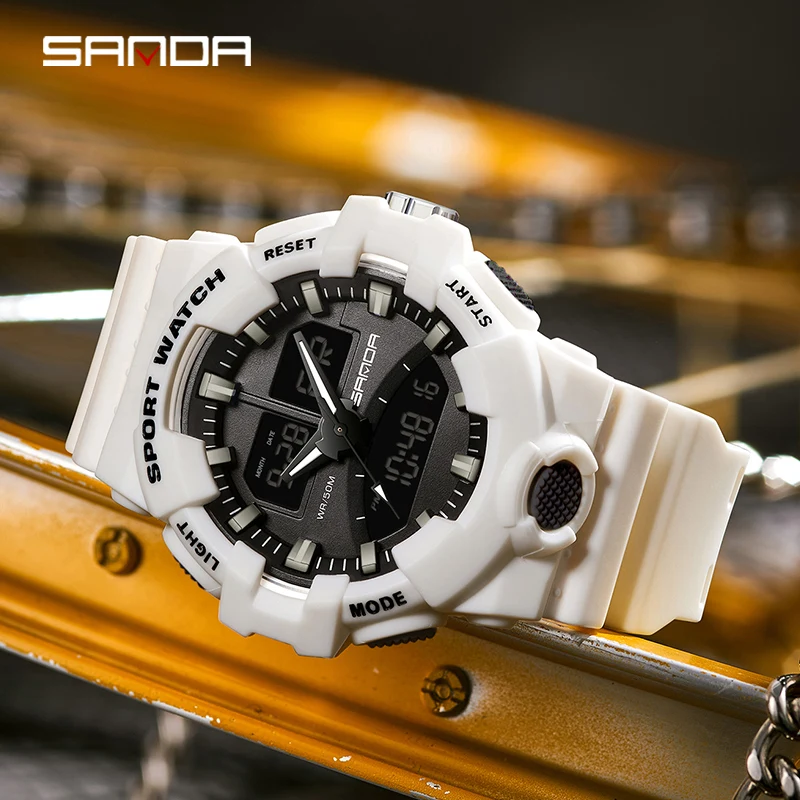SANDA Moda Mens Relógios do Esporte Impermeável Mens Aluno Multifuncional relógio de Pulso LED Digital de Quartzo Branco Mens Watch Relógio