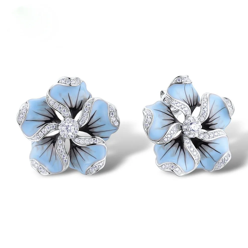 Azul bonito Epóxi Flor Cor de Prata Brincos para Mulheres coreano Brincos bijuterias 2020 Novo